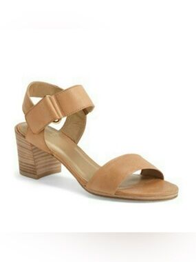 $395~STUART WEITZMAN~Nude Tan Leather Broadband Block Heel City Sandals~7/7.5
